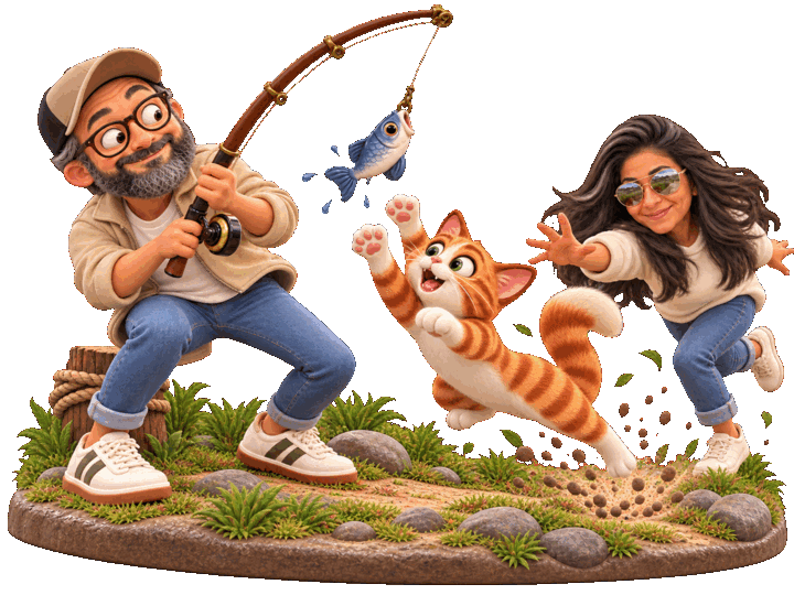 Ilustración de un hombre pescando, un gato naranja que salta tras el pez y una mujer que corre detrás del gato.